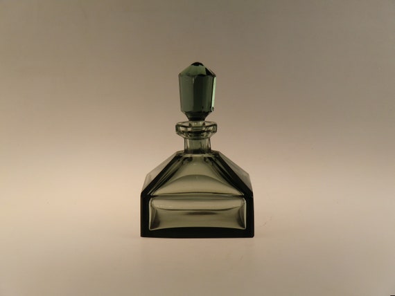 Bohemian Czech Art Deco Smoke Cut Glass Perfume Bottle Flacon
