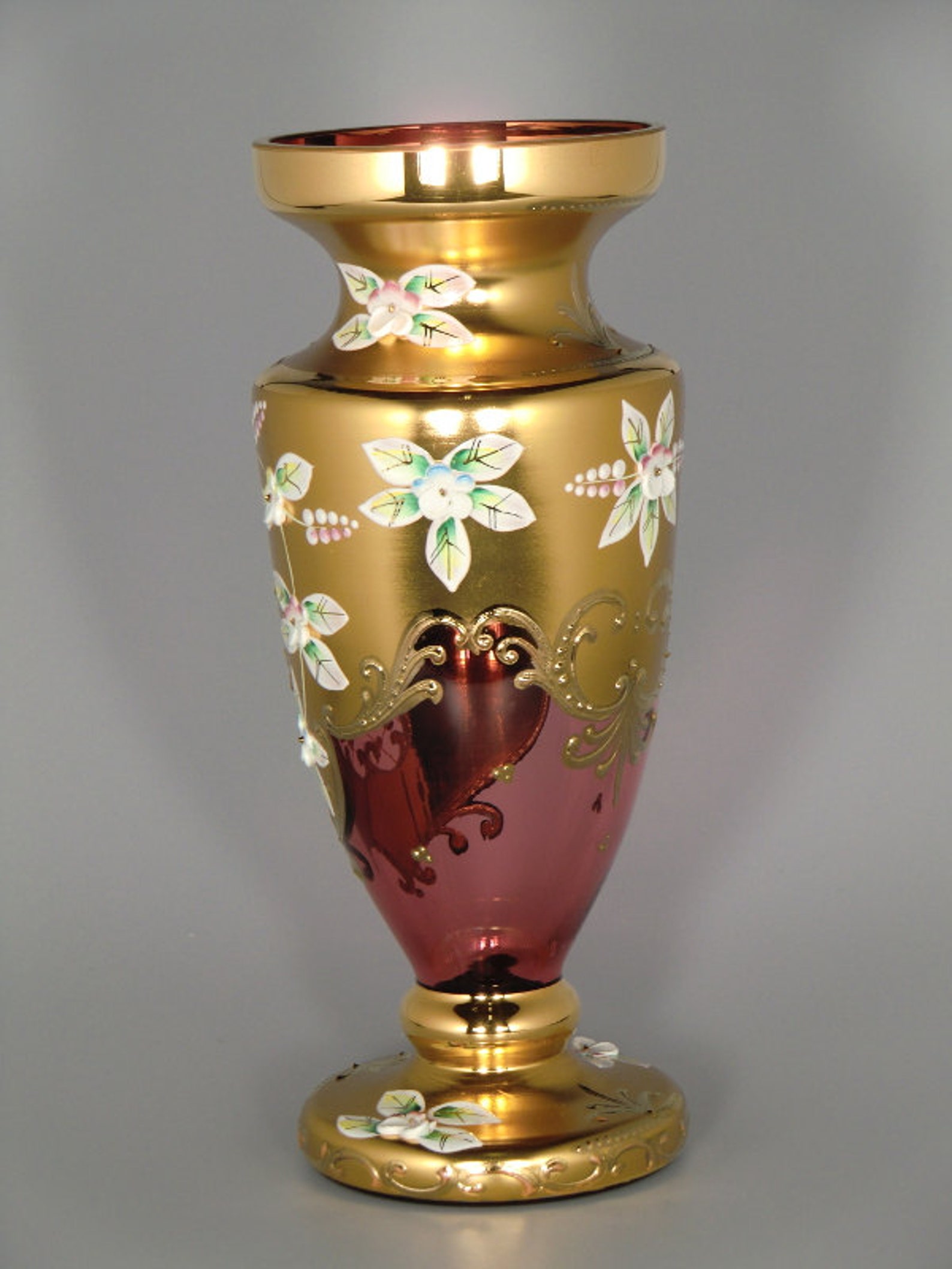 Bohemian Czech Hand Made Crystalex Red Gold Enameled Vase Etsy