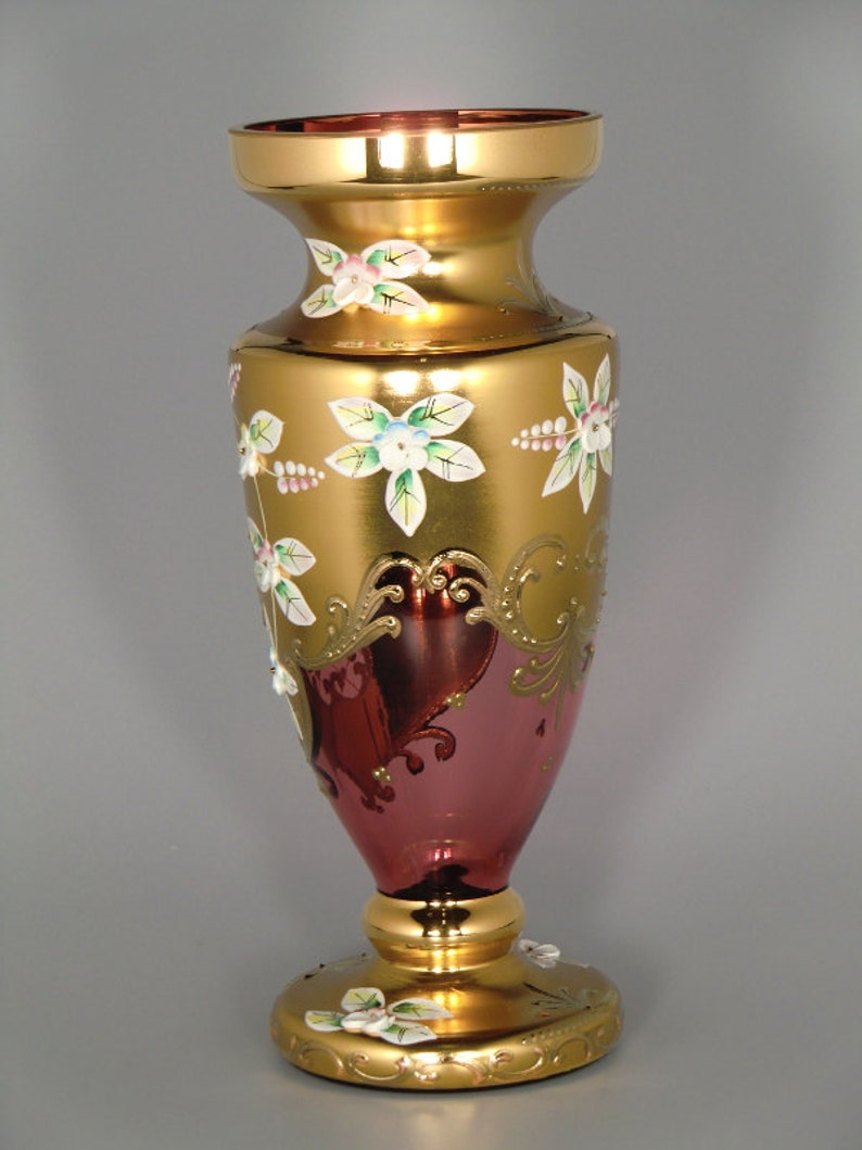 Bohemian Czech Hand Made Crystalex Red Gold Enameled Vase Etsy