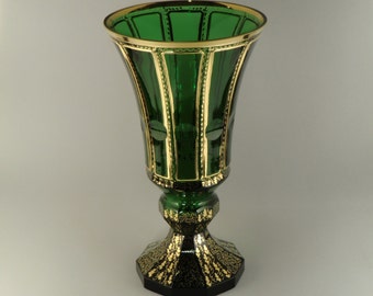 Great Vintage Bohemian Czech Cabochon Panels Gilt Hand Painted Glass Vase
