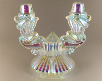 Bohemian Czech Art Deco Iris Iridescent Glass Candlestick Candleholder