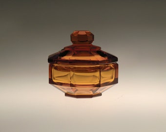 Bohemian Czech Art Deco Amber Glass Dose with Cameo by Moser