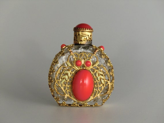 Bohemian Czech Art Deco,filigree perfume bottle with red jewels