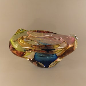 Bohemian Czech Borocrystal Art Glass Multicolors Uranium Triple Hole Ashtray by Josef Rozinek TOP RARE