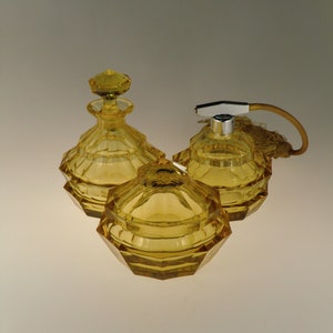 Bohemian Czech Art Deco Amber Cut Glass Perfume Bottle Flacon Powder Jar by Moser Vanity Set