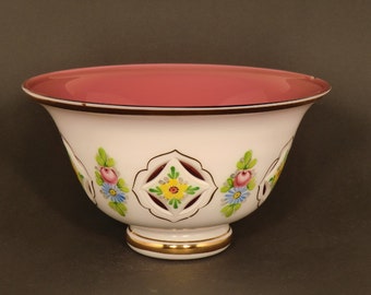 Bohemian Hand Painted White Enamel Cut to Cranberry Glass Bowl