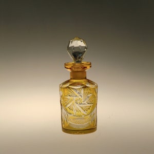 Bohemian Czech Art Deco Glass Perfume Bottle Flacon Amber Cut to Clear with Crystal Stopper