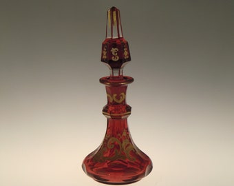 Bohemian Czech  Amazing Biedermeier Victorian Era Ruby Glass Perfume Bottle Flacon Painted Enamels