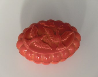 Bohemian Czech Art Deco Red/Orange Glass Dose with Doves