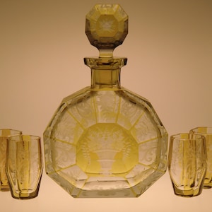 Czech Bohemian Art Deco Cut Glass Liqueur Set