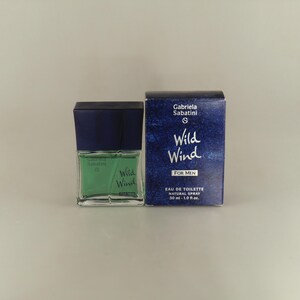 May include: A bottle of Gabriela Sabatini Wild Wind Eau de Toilette for men. The perfume bottle has a square shape with a dark blue cap and a green liquid inside. The box is dark blue with the words "Wild Wind" and "FOR MEN".