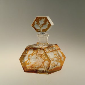 Bohemian Czech Art Deco Amber Hand Cut to Clear Glass Perfume Bottle by Karel Palda