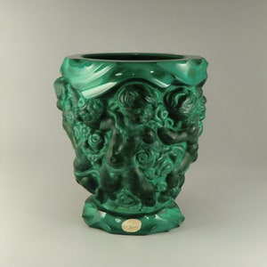 Bohemian Czech Curt Schlevogt Ingrid Collection Art Deco Jade Malachite Glass Vase with Putti