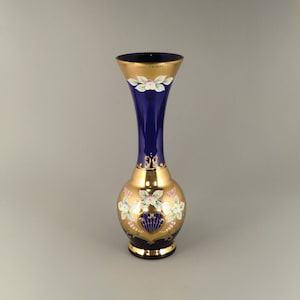 Vintage Bohemian Czech Cobalt Blue Gilt High Enamel Glass Vase - Crystalex Borocrystal Novy Bor Haida