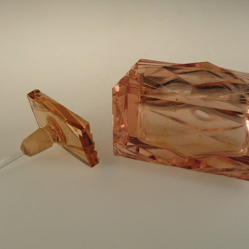 Bohemian Czech Art Deco Rosaline Hand Cut Glass Perfume Bottle shops Flacon Stopper w Dauber