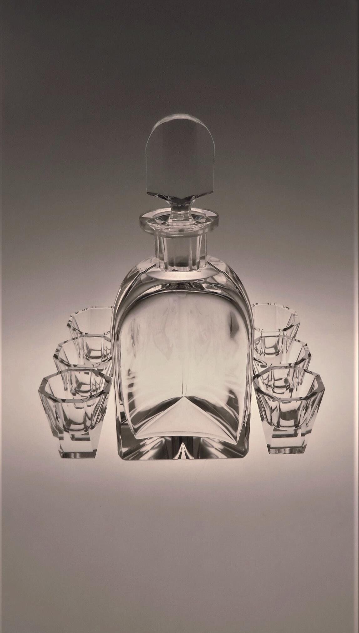 Bohemian Czech Significant Art Deco Crystal Clear Cut Glass Liqueur Set Carafe with 6 glasses by Schlevogt