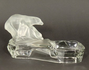 Czech Bohemian Libochovice Art Deco Glass Ashtray with Polar Bears by Karel Zentner