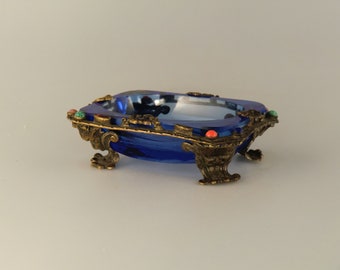 Bohemian Czech Art Deco Cut Blue Glass Bowl Tray with Sailing Boat Motif by Schlevogt VERY RARE