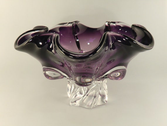 Bohemian Czech Free Blown Art Glass Sommerso Bowl - Purple Clear