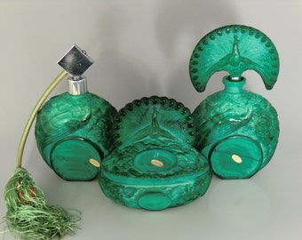 Bohemian Czech Malachite Jade Glass Art Deco Vanity Set by Heinrich Hoffmann