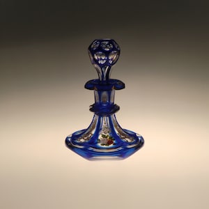 Bohemian Czech  Amazing Biedermeier Victorian Era Cobalt Blue Clear Glass Perfume Bottle Painted Enamels