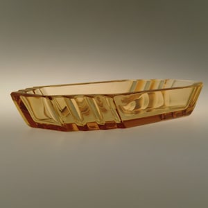 Bohemian Czech Art Deco Amber Hand Cut Glass Bowl Tray