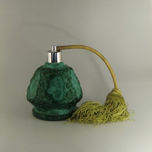 Bohemian Czech Art Deco Malachite Jade Green Glass Perfume Bottle Flacon