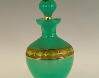 Bohemian Czech Art Deco Turquoise Uranium Glass Perfume Bottle Painted Enamels Gilded with Dauber