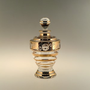 Bohemian Czech Art Deco Crystal Clear Gilt Engraved Glass Perfume Bottle Flacon