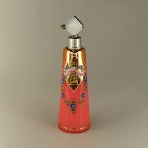 Bohemian Czech Art Deco Orange Gilt Painted Enamels Tango Glass Perfume Bottle