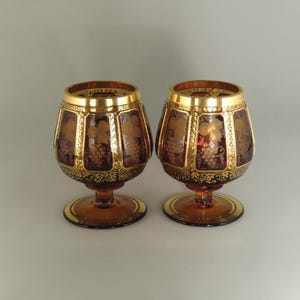 Great Bohemian Czech Cabochon Panels Gilt Hand Painted Pair of Cognac Glasses Friendly SET