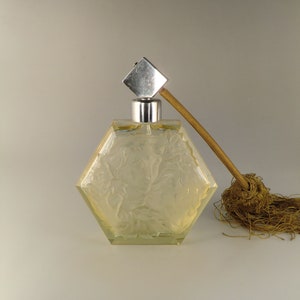 Bohemian Czech Art Deco Citrine Glass Perfume Bottle Flacon with Lovers  by Rudolf Hlousek