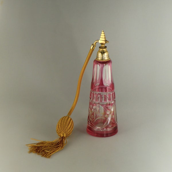 Bohemian Czech Art Deco Cranberry Hand Cut to Clear Glass Perfume Bottle Flacon