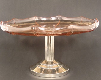 Bohemian Czech Significant Art Deco Rosaline Glass Footed Pedestal Centerpiece Bowl Tray