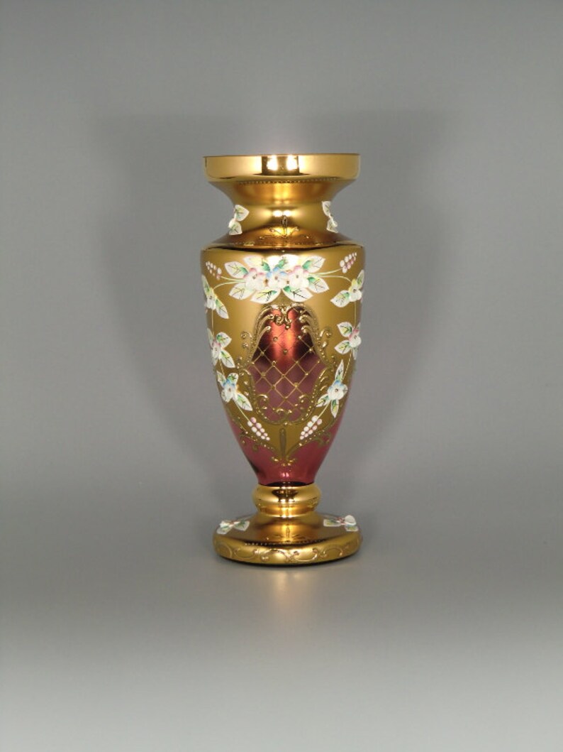 Bohemian Czech Hand Made Crystalex Red Gold Enameled Vase Etsy