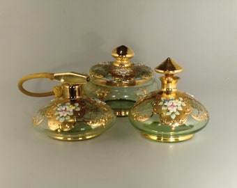 Bohemian Czech Art Deco Gilt High Enamel Glass Perfume Bottles Dose Vanity Set