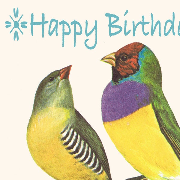Birthday E-Card "Birds Of A Feather Flock Together" Vintage Art, A Row of Colorful Birds, With A Birthday Wish - Ecard, Instant Download