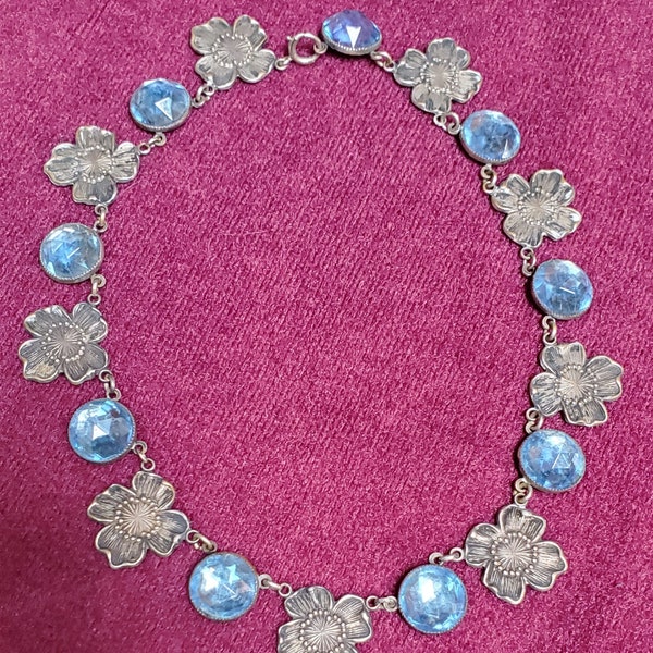 Vintage Necklace, Silver Dogwood Flowers and Large Round Blue Rhinestones - A Unique Combination, a Lovely, Unusual, One-of-a-Kind Treasure