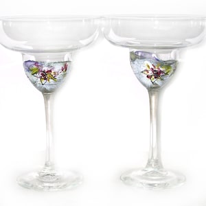 ARTini Glasses by Lisa Hand Painted Shabby Chic Margarita Glasses in Green, White and Purple with Pewter Detail - Set of 2