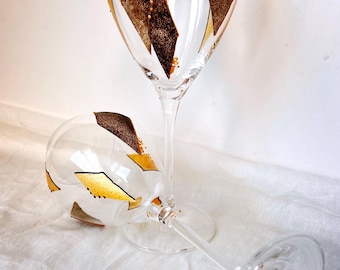 Handmålade Art Deco-vitvinsglas - Ask och guld, set om 2