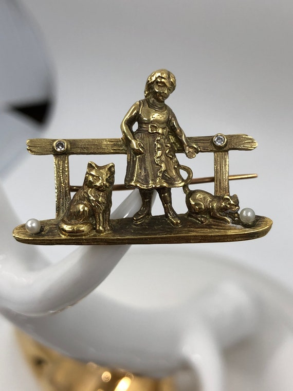 Little Girl with Cat and Kitten Gold Brooch - image 1