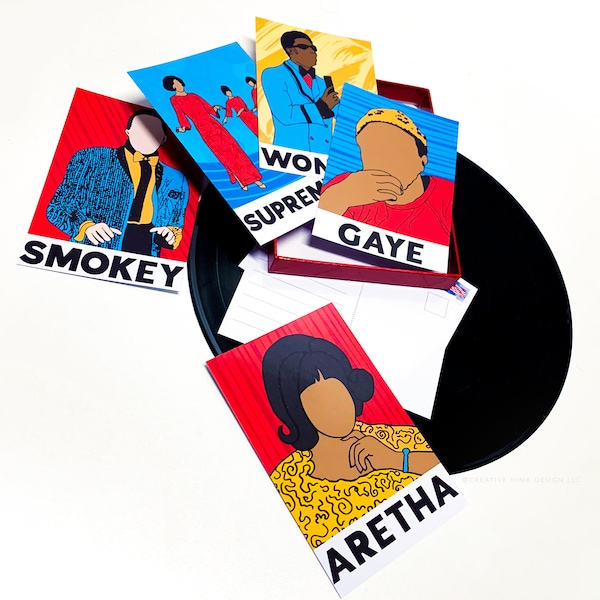 Conjunto de postales de artistas de Motown / Hitsville / Aretha Franklin / Stevie Wonder / Michael Jackson / Diana Ross / Detroit Print / Black Soul Artist