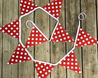 Handmade Crimson Red 9 ft Fabric Tailgate Party Banner, Polka Dot Flag Bunting for Porch Dorm or Classroom