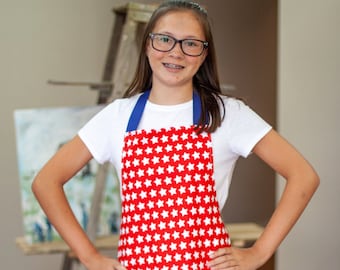 Personalized Handmade Red Star Art or Kitchen Apron for Tweens, Personalized Gift for Girl