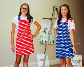 Lemonade Stand Apron, Personalized Handmade Blue Star Art or Kitchen Apron for Tween Girl, Patriotic Gift for Military Sister
