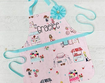Pink Strawberry Reversible Apron for Toddler Girl, Personalized Kids Apron