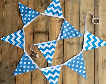 Blue Fabric Bunting - Chevron and Dot Banner, 9 Flags
