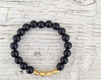 Black jade beaded stretch bracelet with gold plated coil beads,stack bracelet,