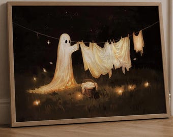 Ghost Laundry Room Decor, Wall Art Poster, Halloween Decor, Ghost Hanging Laundry, Poster
