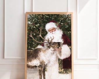 Vintage Santa Claus Print | Antique Christmas Wall Art, Reindeer Old World Holiday Painting, Traditional Nostalgic Home Decor, Printable Art